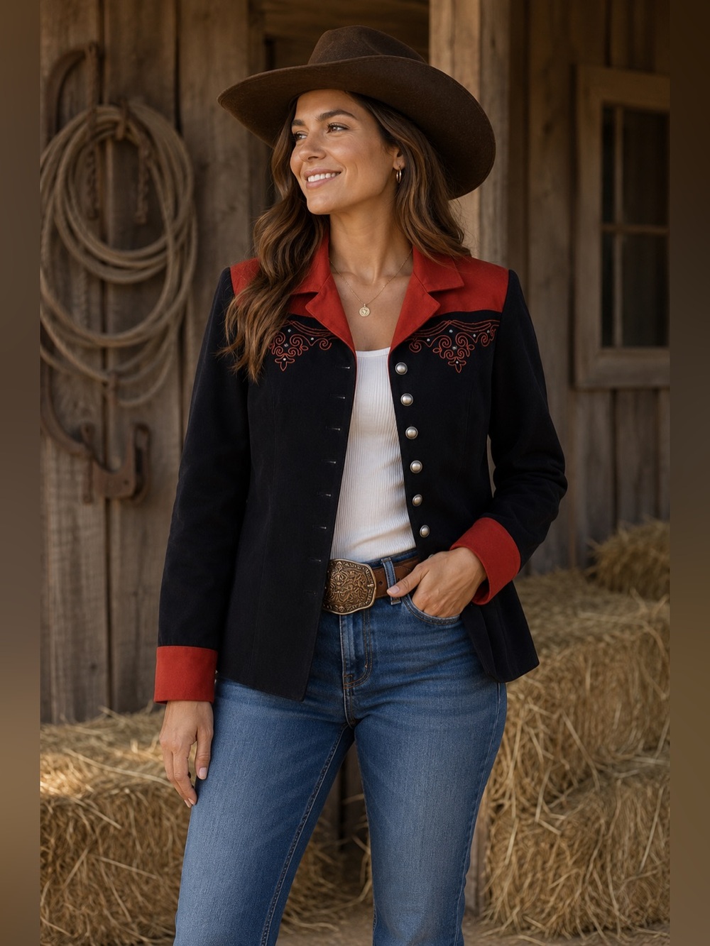 Double D Ranchwear Embroidered Studded. Black & Red Blazer Jacket Medium